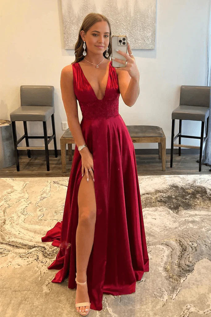 Vestido de noche largo de fiesta con escote en V, encaje burdeos y abertura alta
